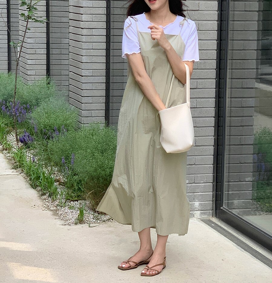 韓國Cherrykoko授權 森系女孩平領雙肩綁帶開衩洋裝