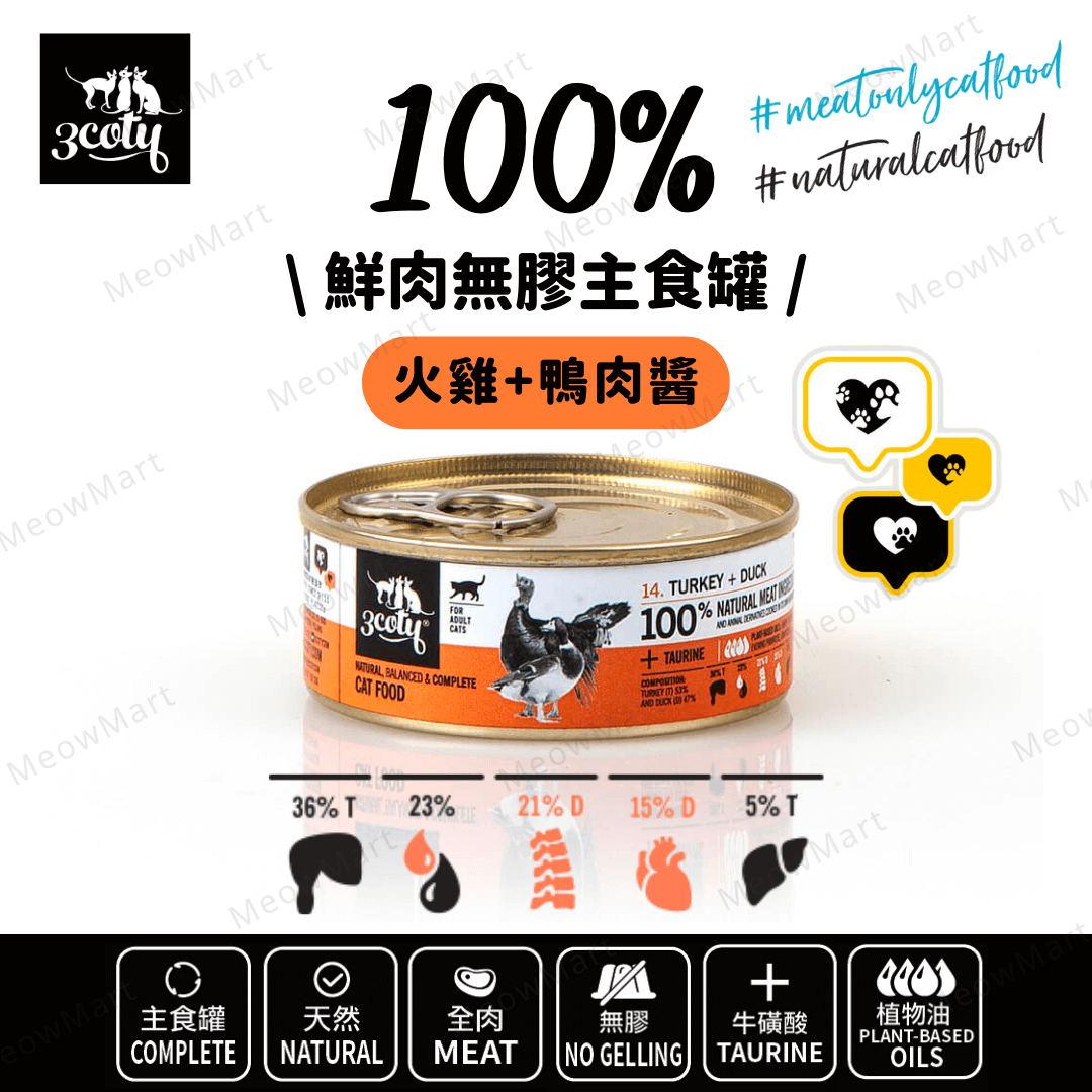 3coty® 100%鮮肉無膠主食罐 (火雞+鴨肉醬) 80g