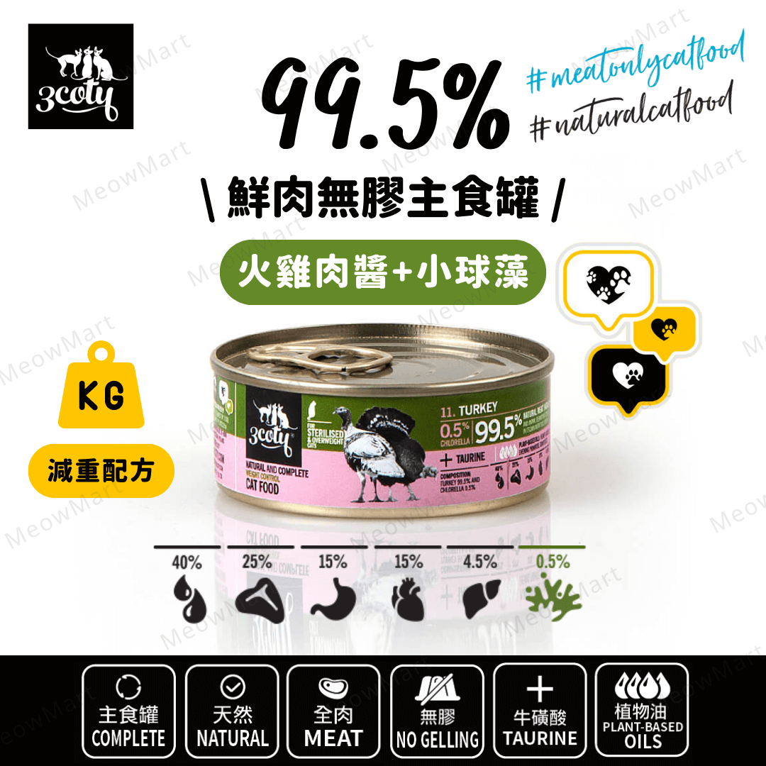 3coty® 99.5%鮮肉無膠主食罐 (火雞肉醬+小球藻) 80g
