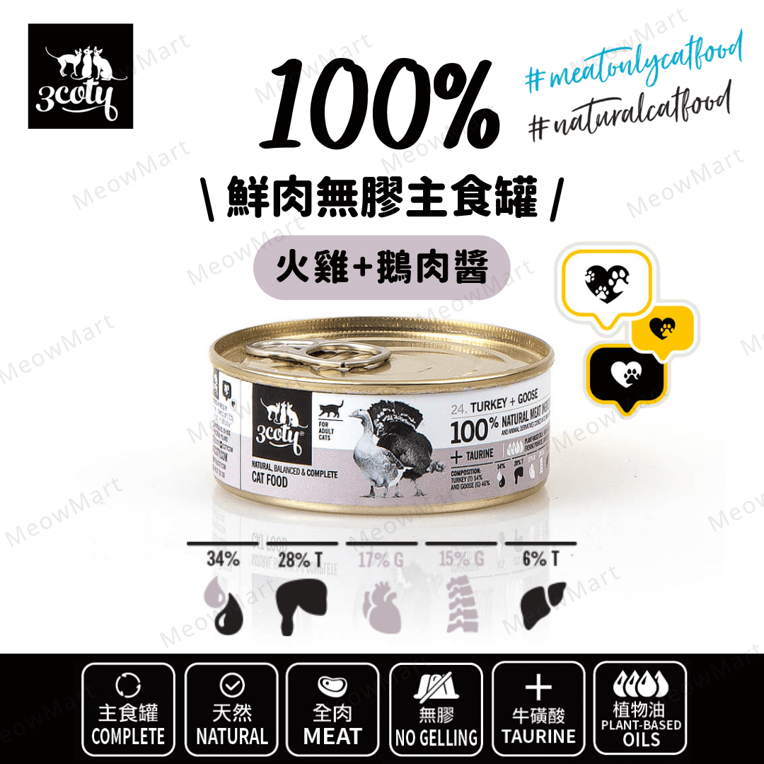 3coty® 100%鮮肉無膠主食罐 (火雞+鵝肉醬) 80g