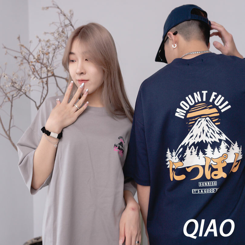 QIAO - 超日本 手繪富士山 落肩五分T