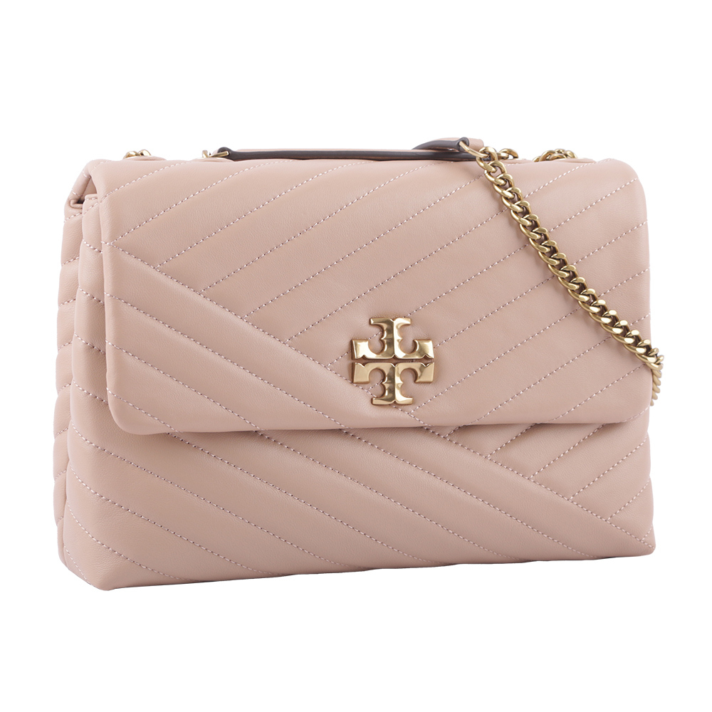 【Tory Burch】Kira 縫線設計翻蓋肩背/斜背鍊包(沙色)