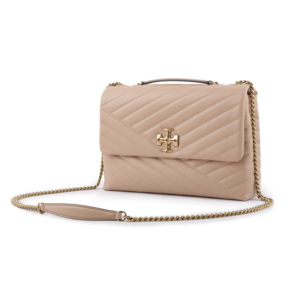 【TORY BURCH】Kira 縫線設計翻蓋肩背/斜背鍊包(沙色)