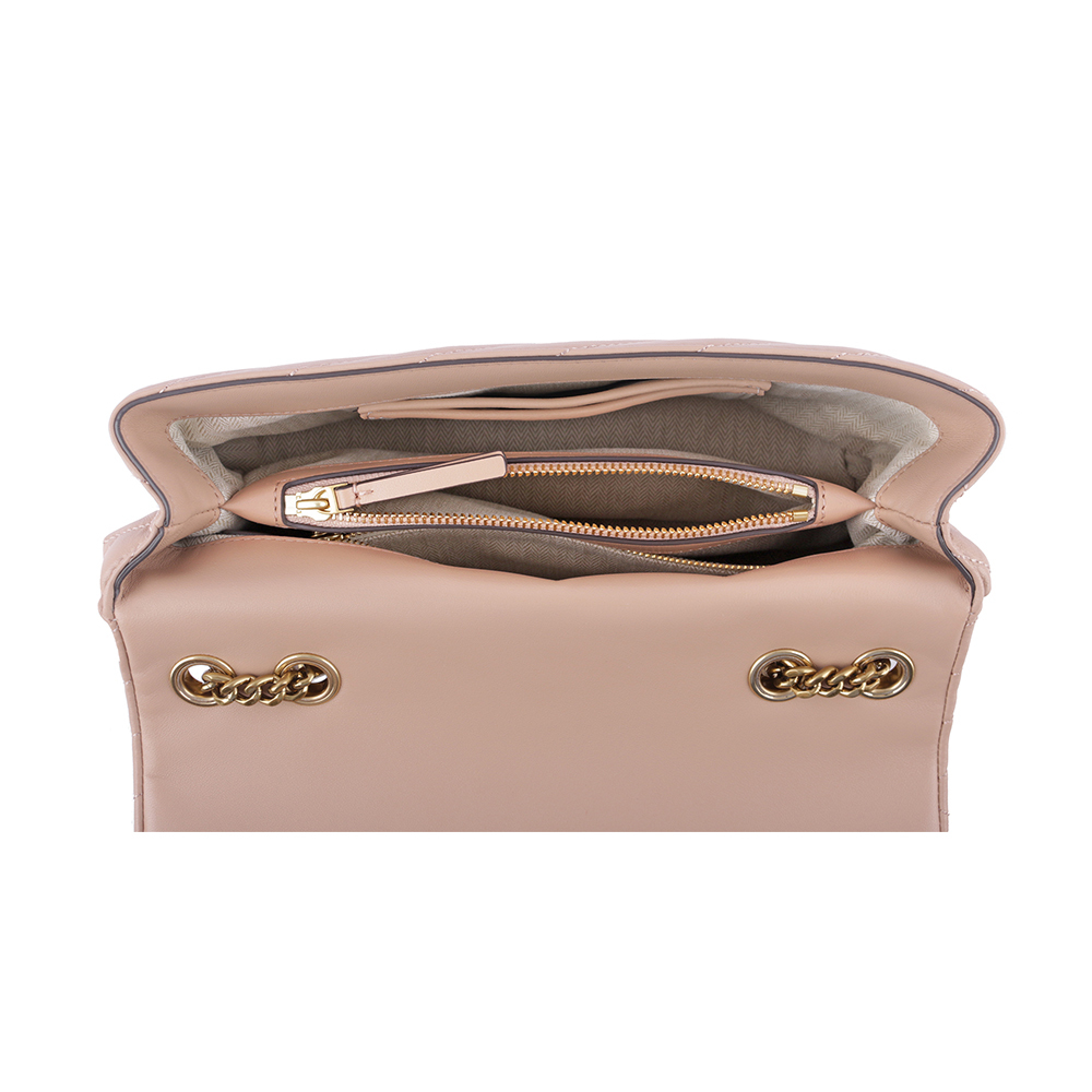 【TORY BURCH】Kira 縫線設計翻蓋肩背/斜背鍊包(沙色)