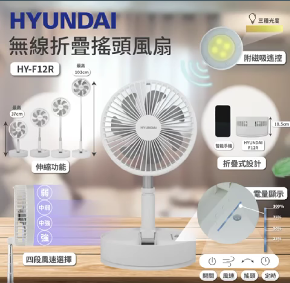 【現貨】HYUNDAI A20150 HY-F12R 無線折疊搖頭風扇