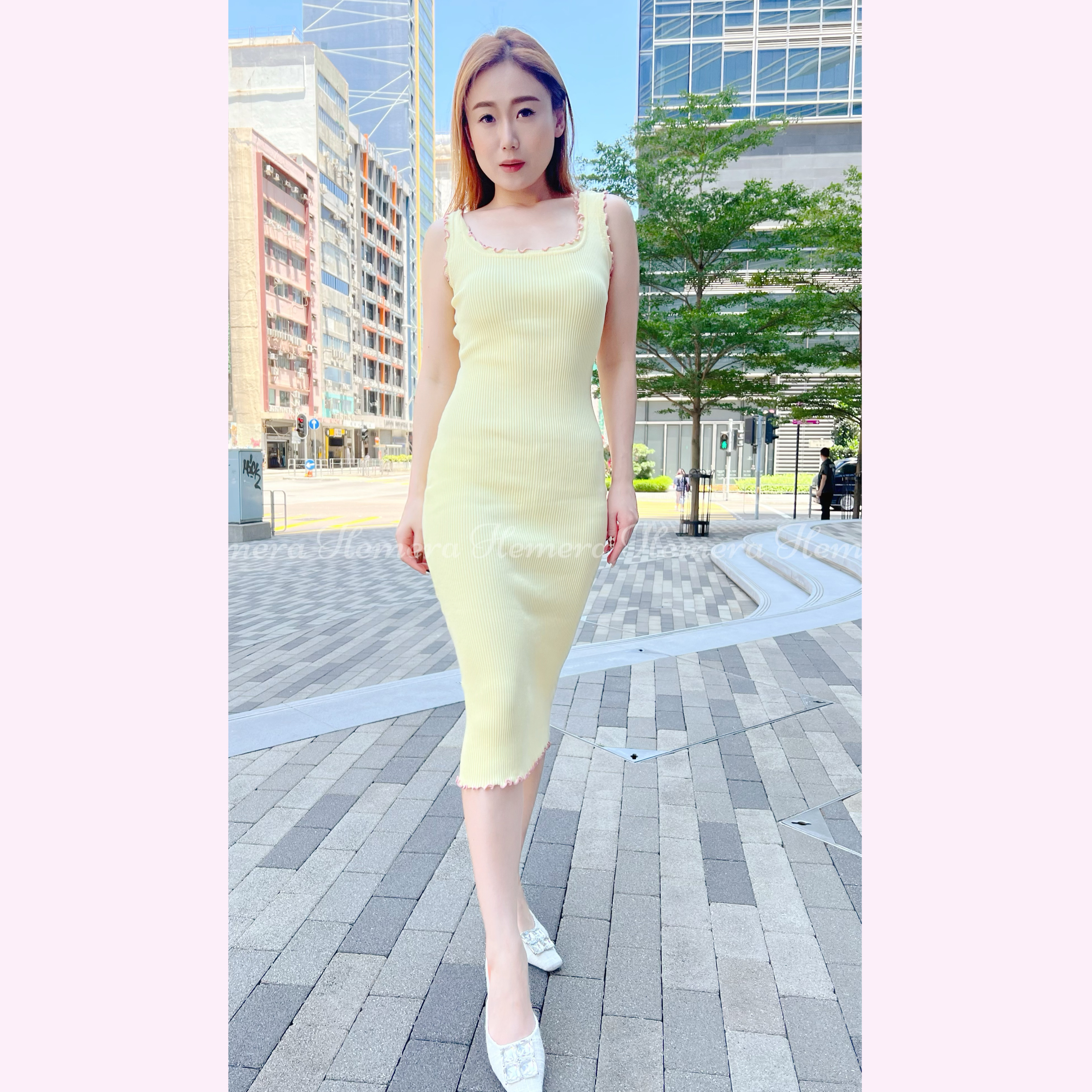 DR23W0611 雞黃色純棉荷葉邊黃色背心連衣裙