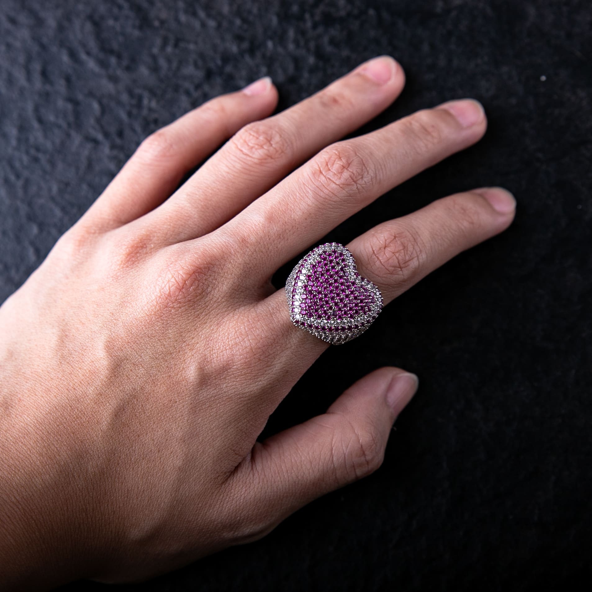 滿鑽雙色愛心戒指 - 紅色