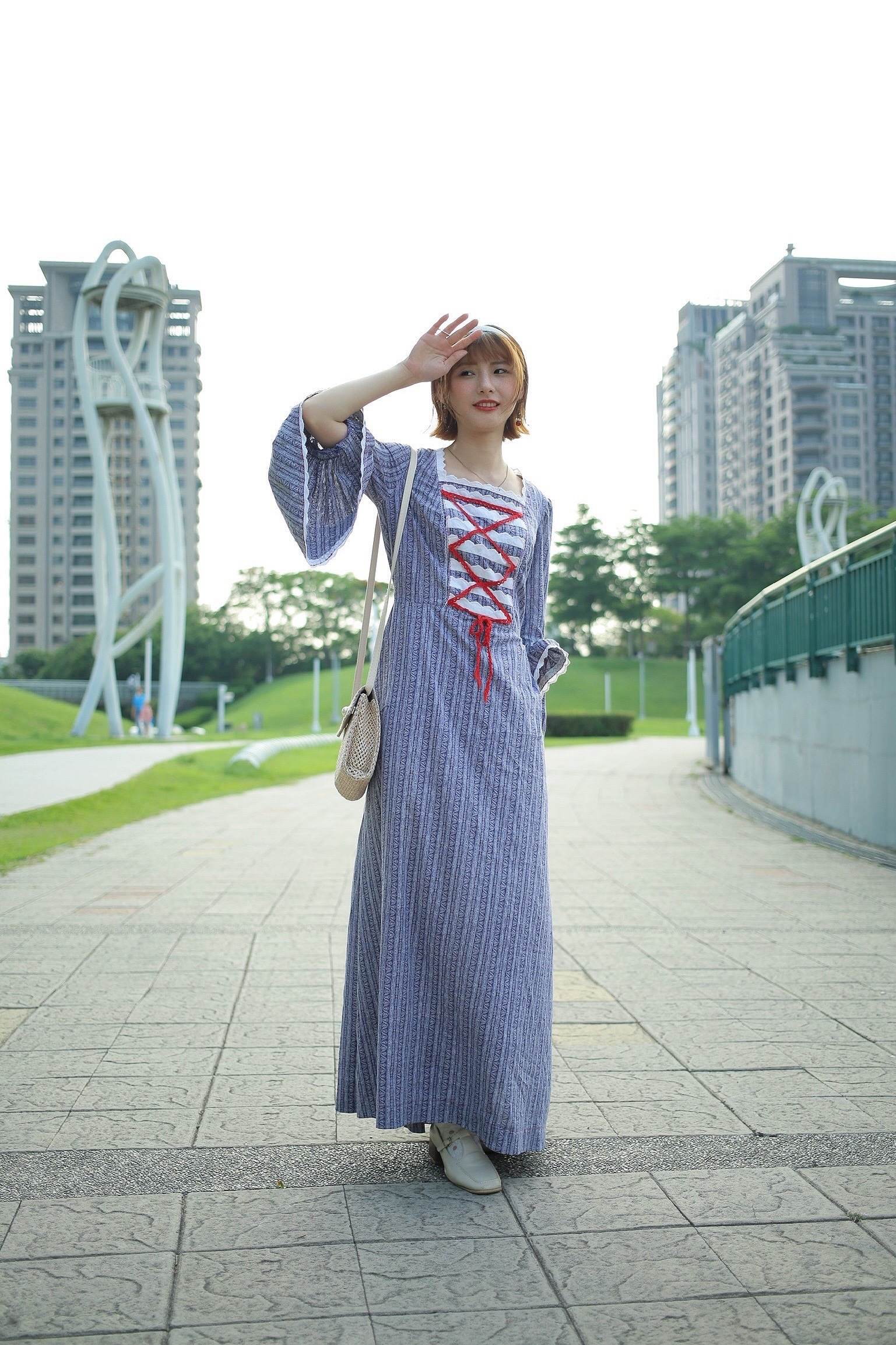 Vintage Dress / 古著歐風天使袖胸前綁帶條紋洋裝