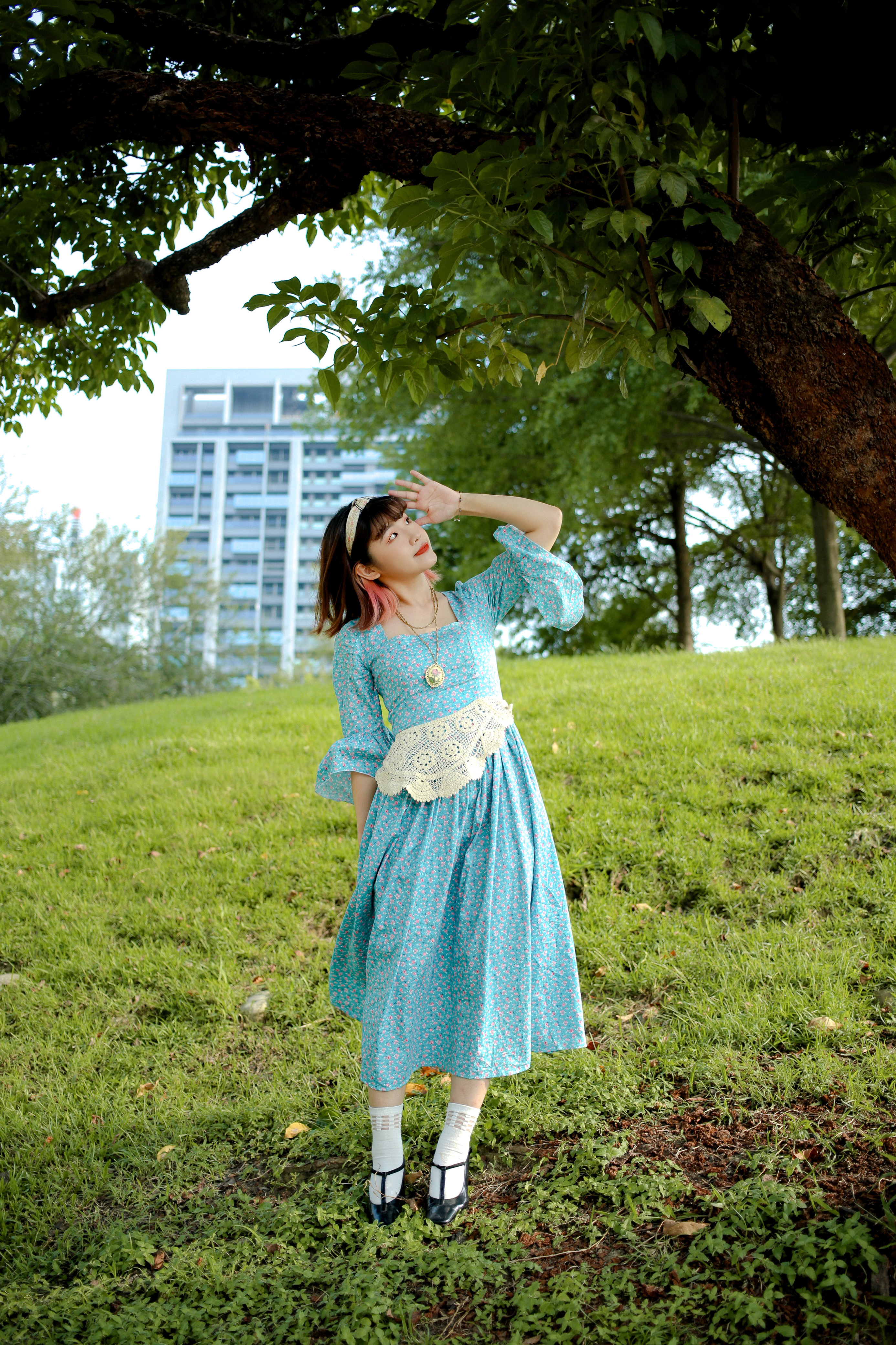 Vintage Dress / 古著天使袖粉色小花藍綠色後綁帶洋裝