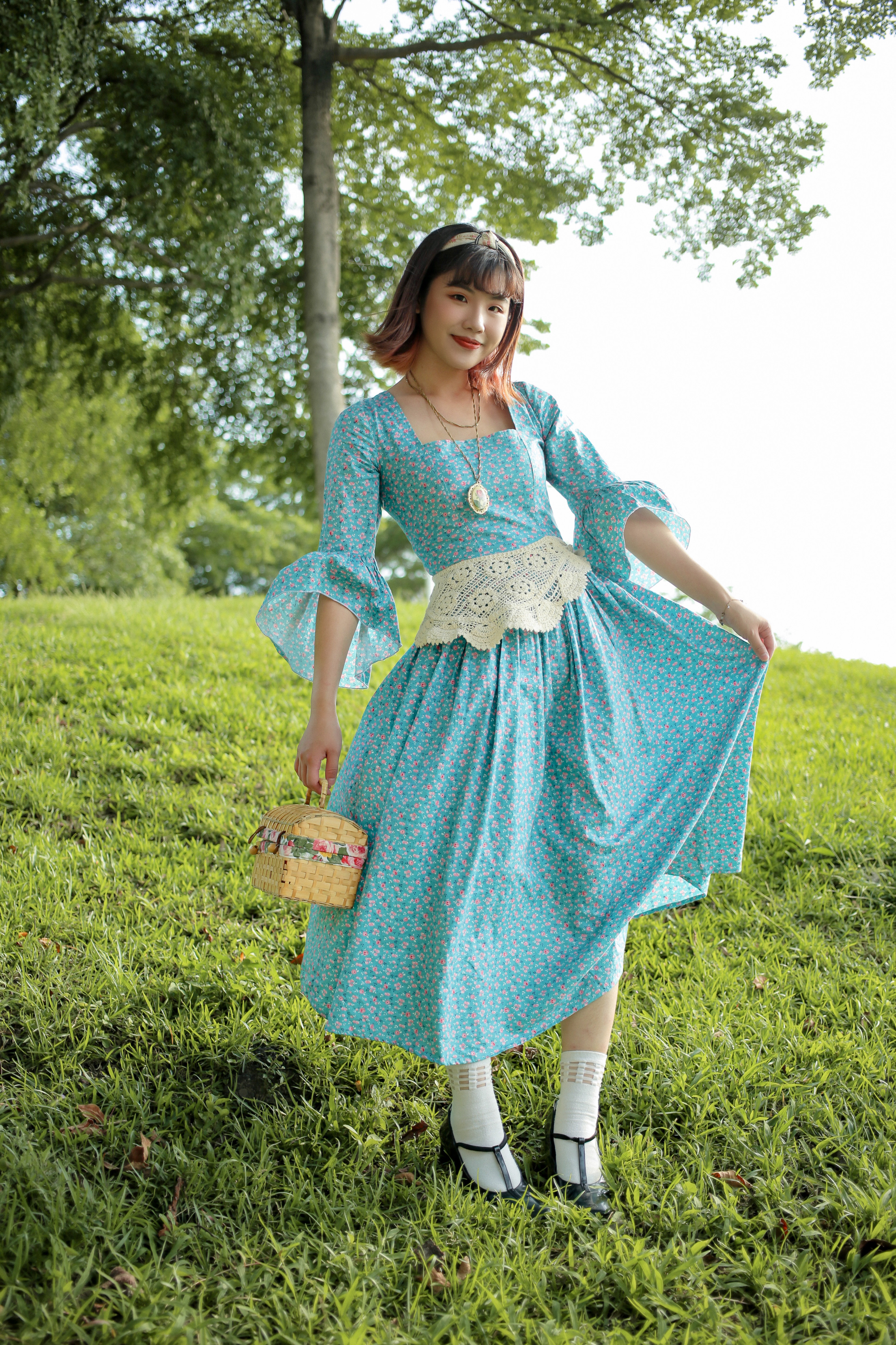 Vintage Dress / 古著天使袖粉色小花藍綠色後綁帶洋裝