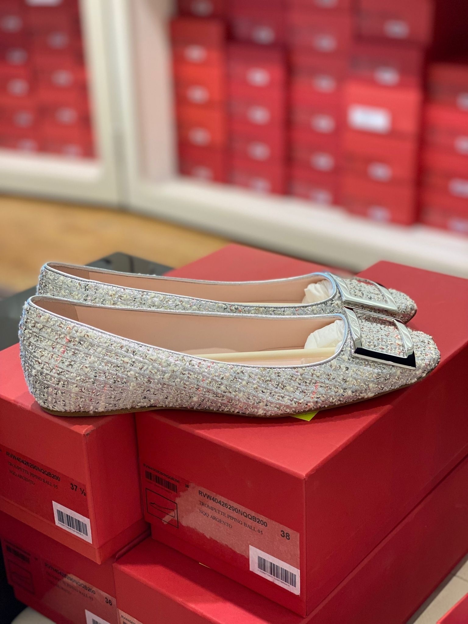 Roger Vivier RV trompette piping ballerinas flats silver tweed