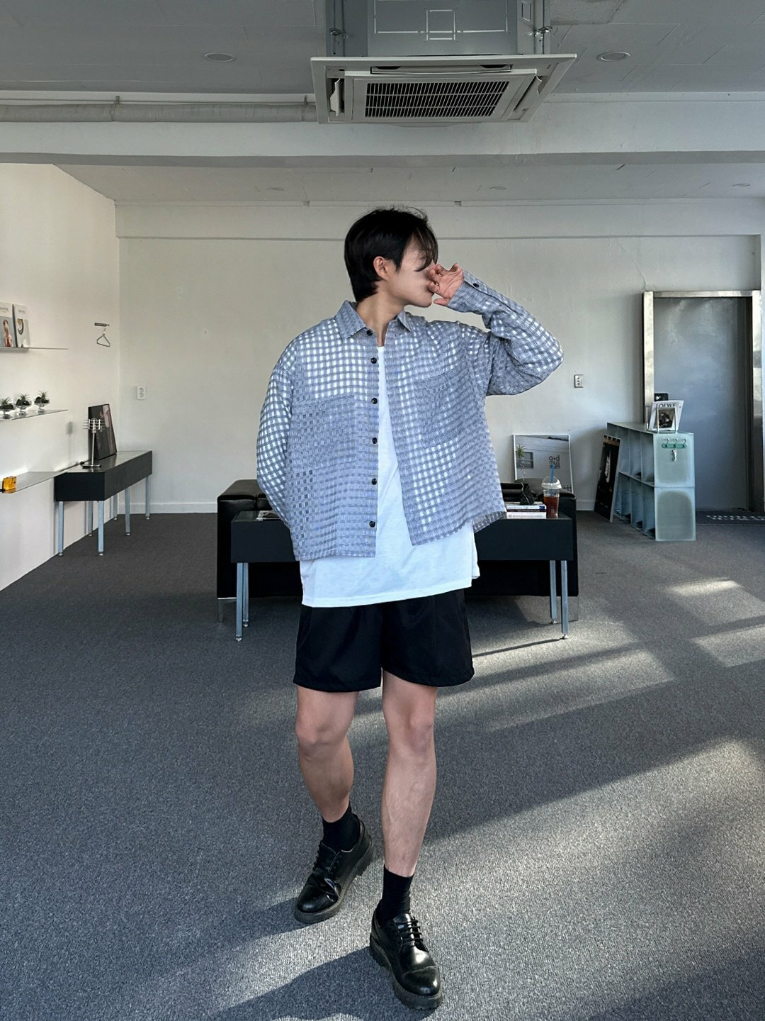 格子透視短款襯衫