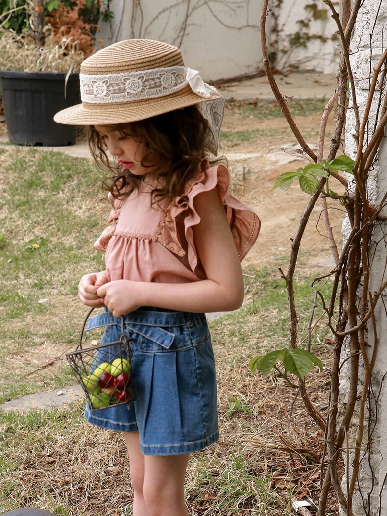 現貨 140cm 交叉腰帶壓褶牛仔短褲 2色