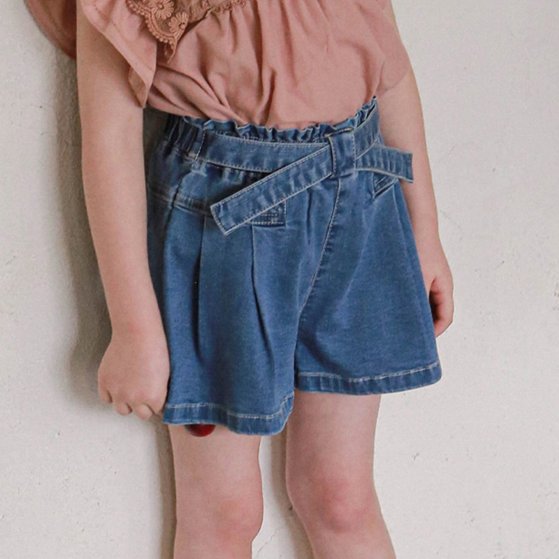 現貨 140cm 交叉腰帶壓褶牛仔短褲 2色