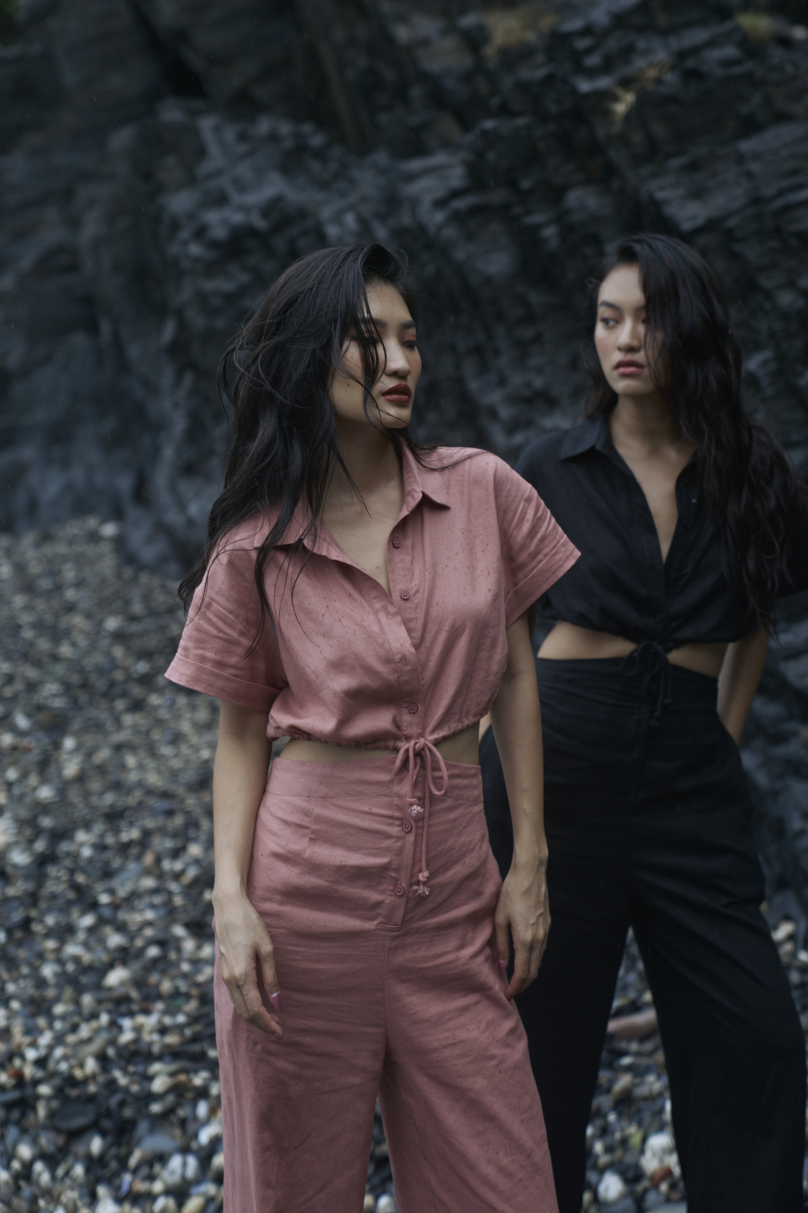 翻領排釦連身褲(橘)(現貨)