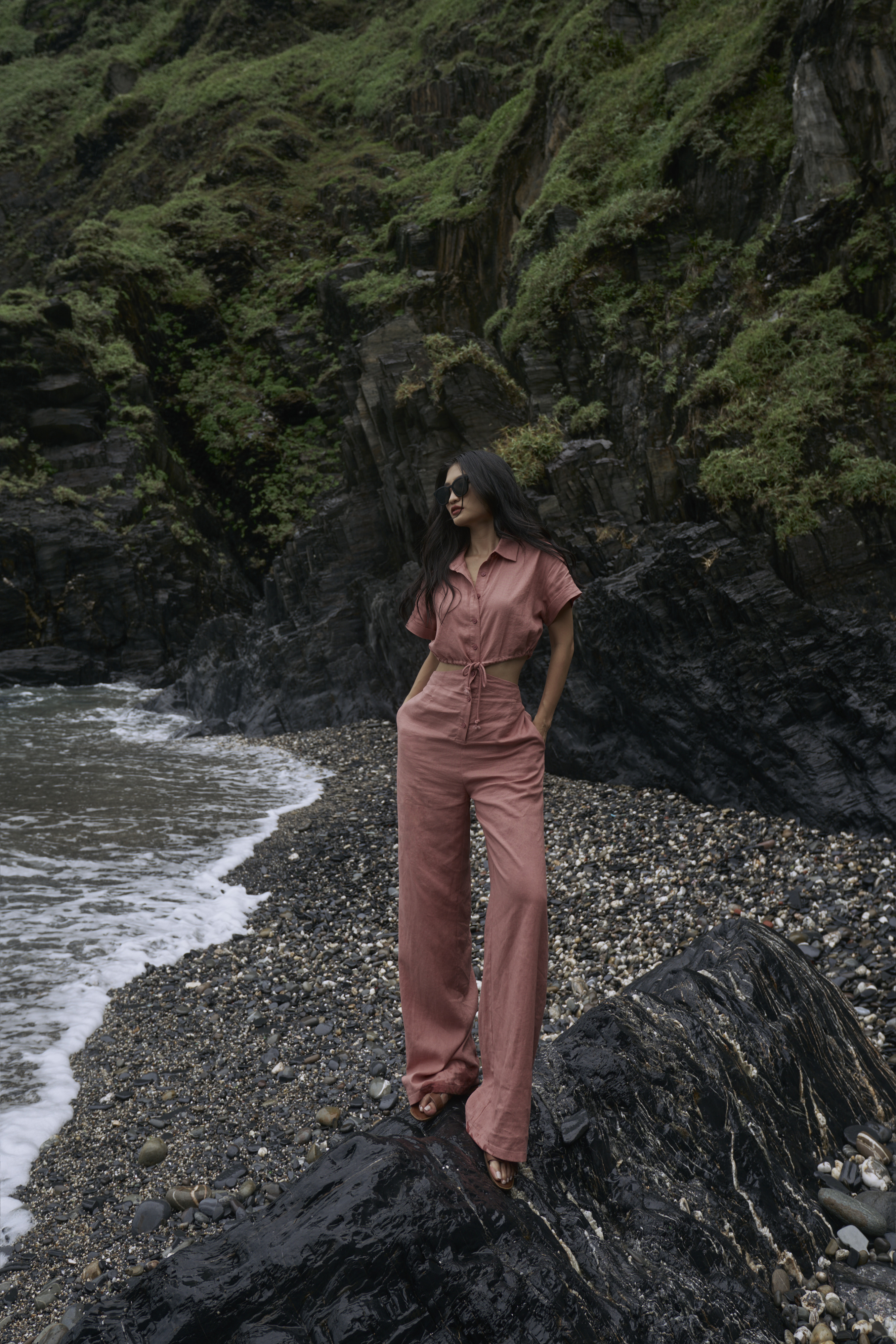 翻領排釦連身褲(橘)(現貨)