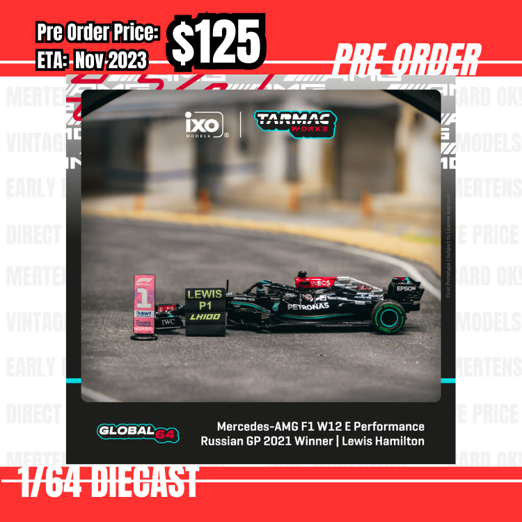 Pre Order-$125 Tarmac 1:64 Mercedes-AMG F1 W12 E Performance  Russian Grand Prix 2021 Winner 100th Win - Lewis Hamilton - with 100th win board & Race winner Boar [OD15/06]