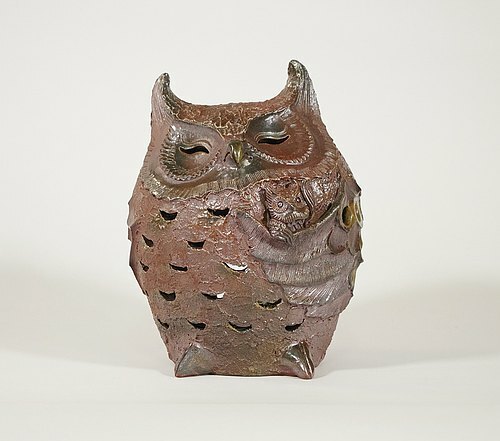 親情 柴燒貓頭鷹燈飾 抱二子│陶藝家李淳雄 作│居家擺飾│夜燈