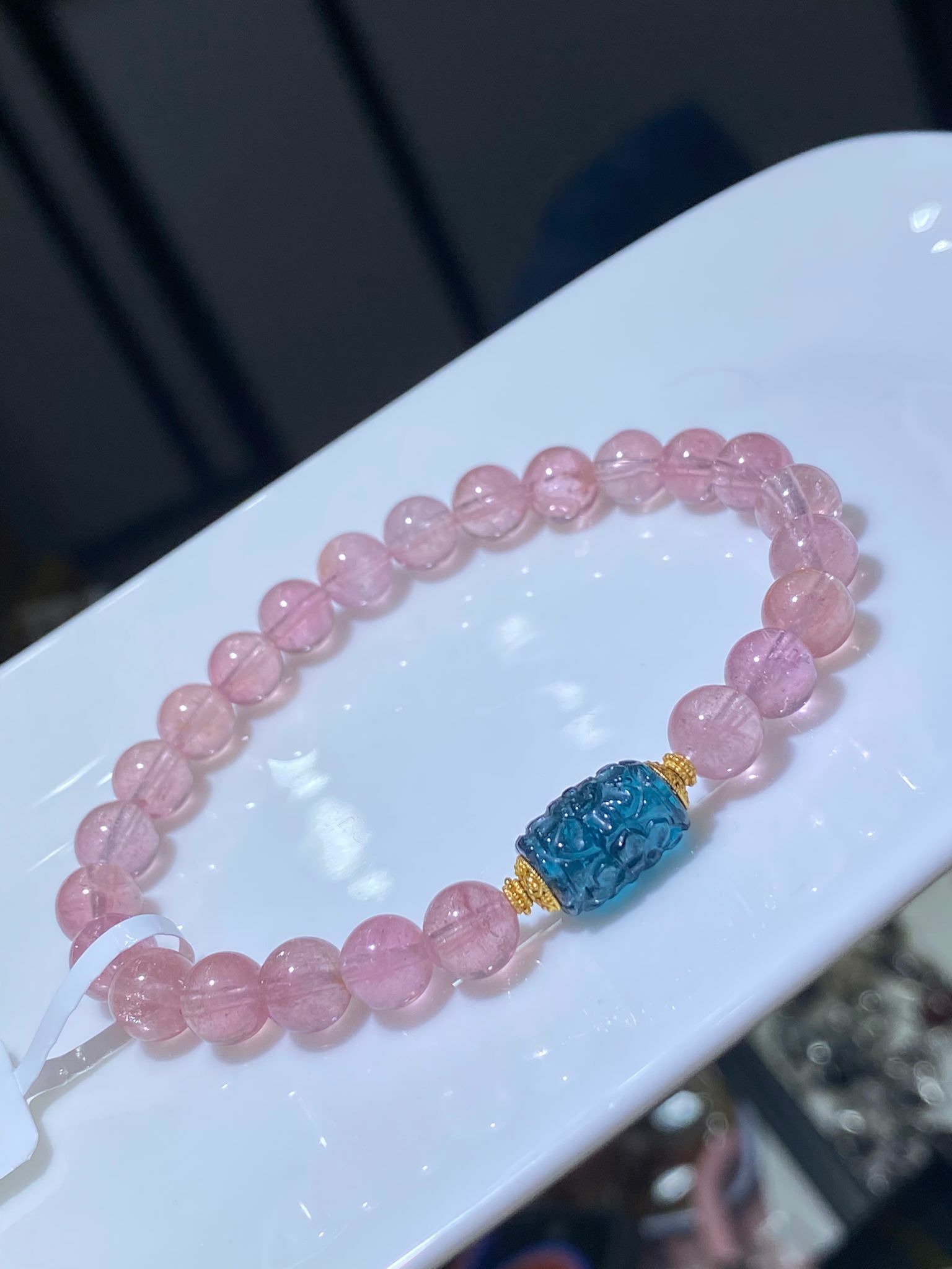 高質透體粉紅碧璽配藍碧璽迴紋珠