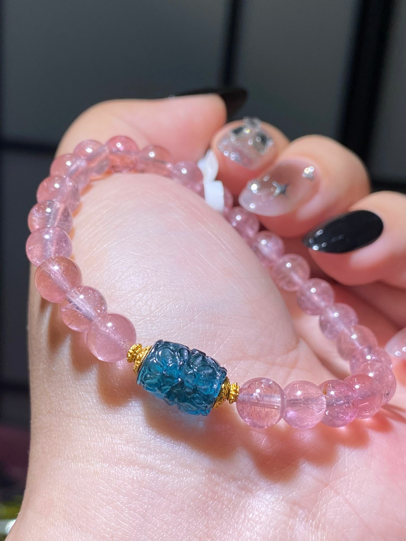 高質透體粉紅碧璽配藍碧璽迴紋珠