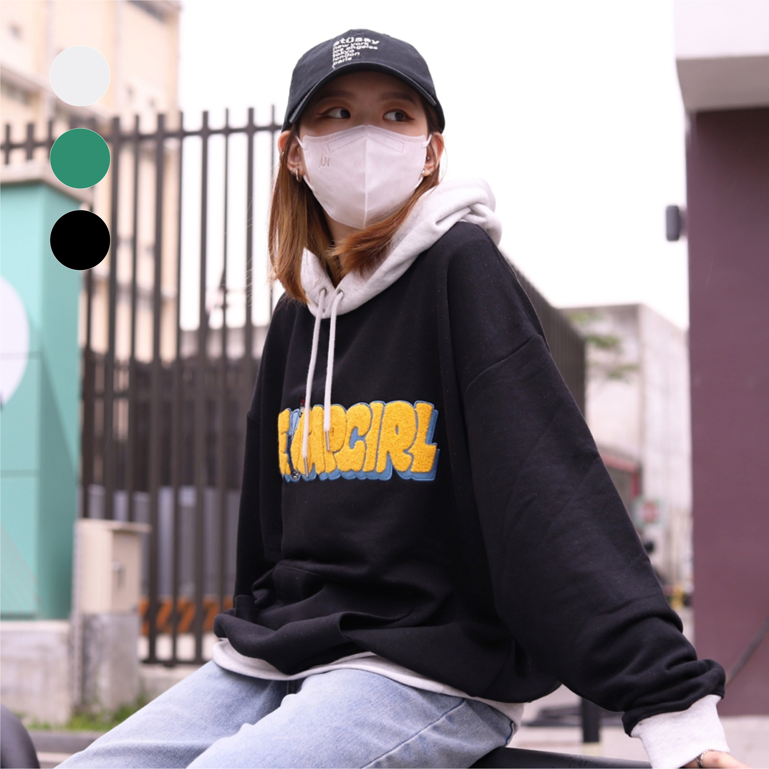 Red Cap Girl Hooded 刺繡 Logo寬鬆拼色帽Tee 23510