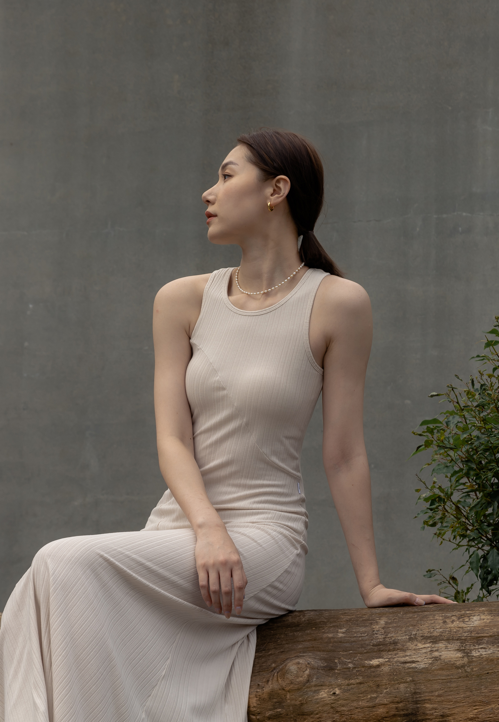 微削肩BRA TOP針織長洋- 淺米