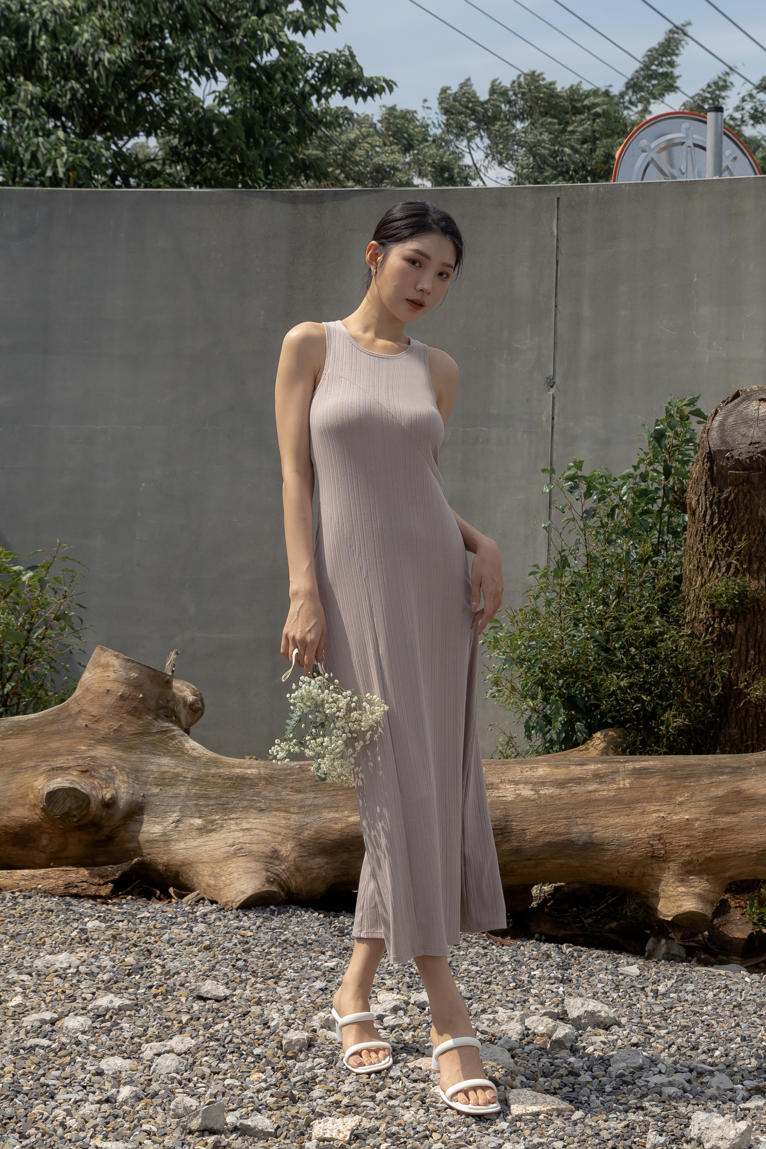 微削肩BRA TOP針織長洋- 裸粉