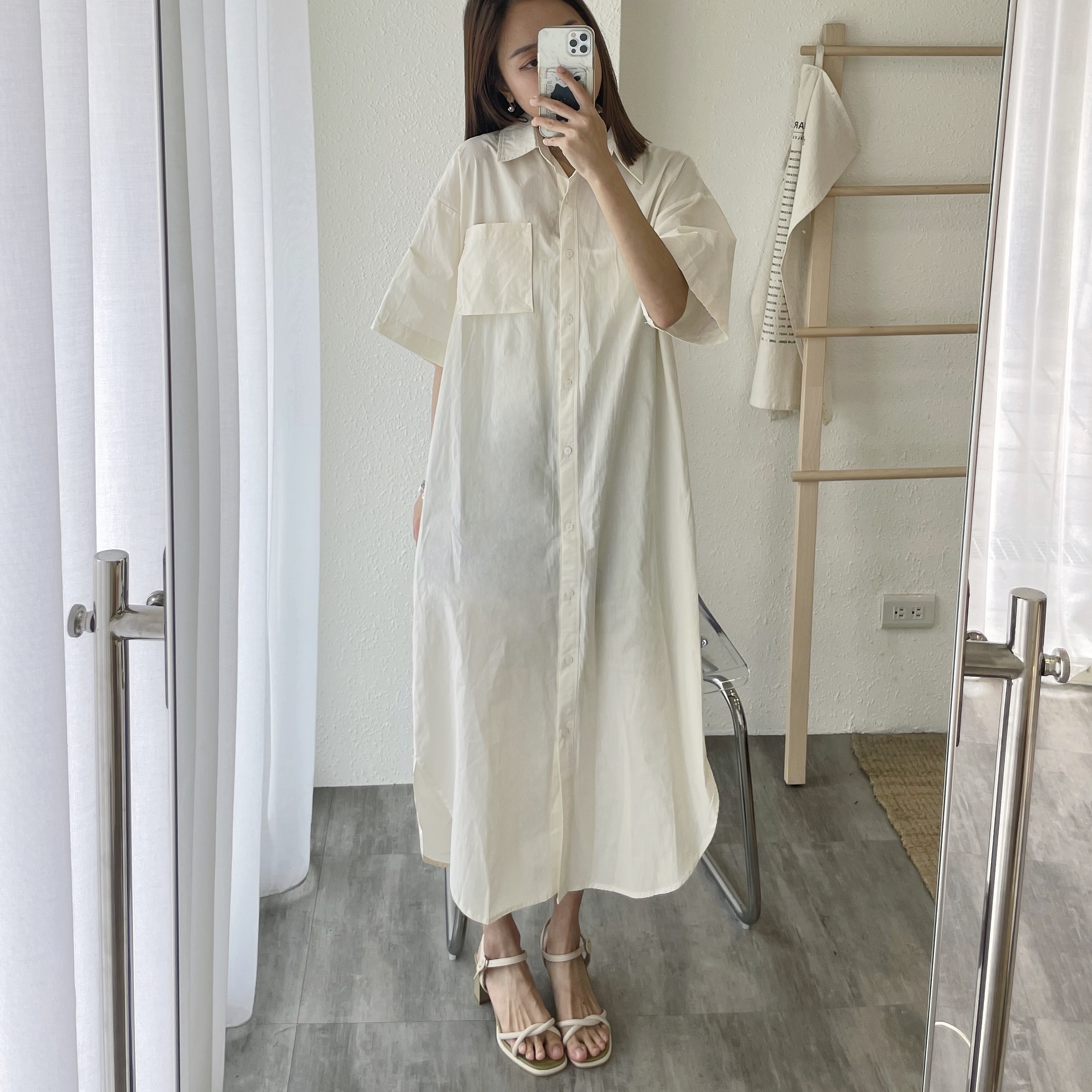 編號30寬鬆簡約襯衫長洋裝(杏)