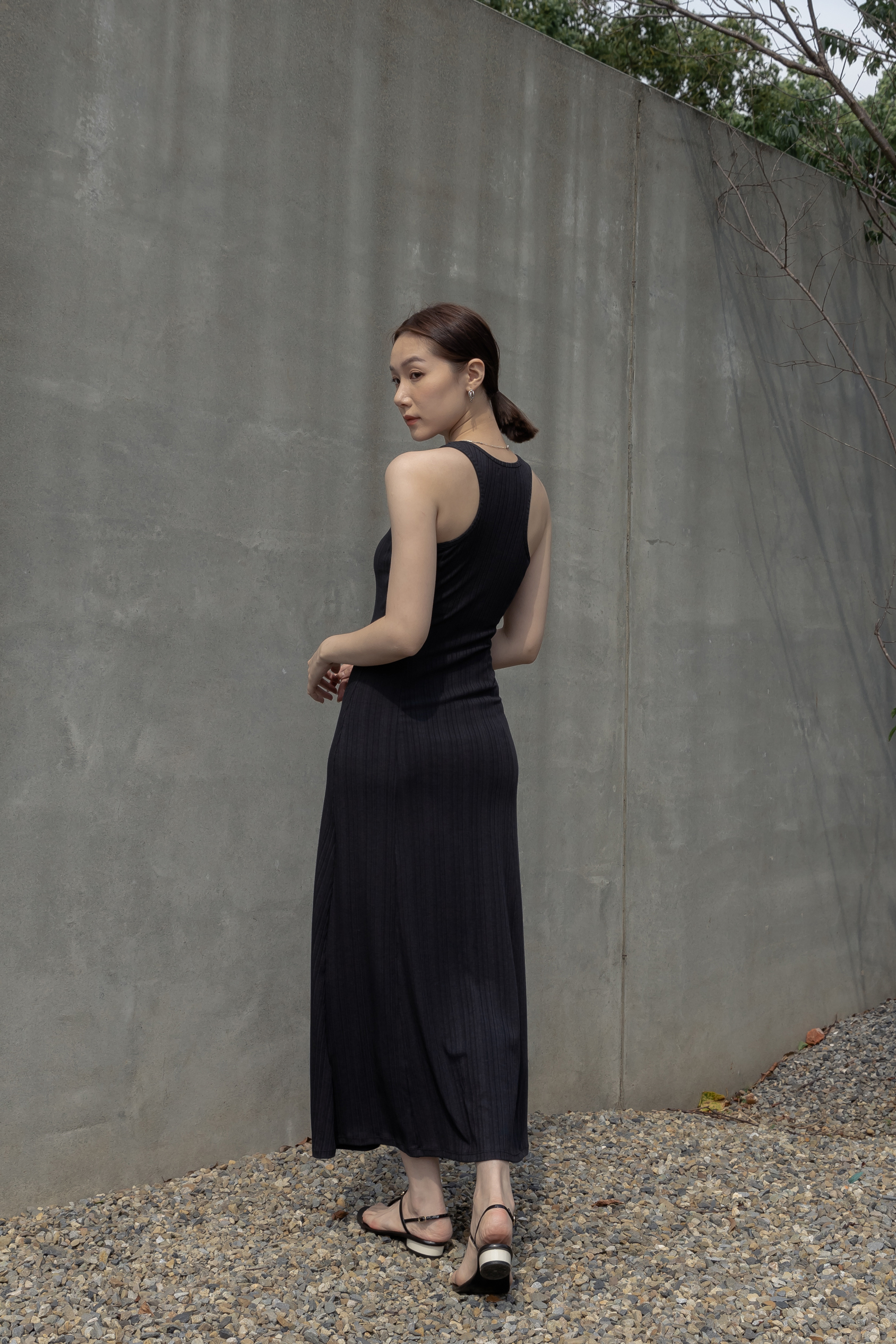 微削肩BRA TOP針織長洋- 黑