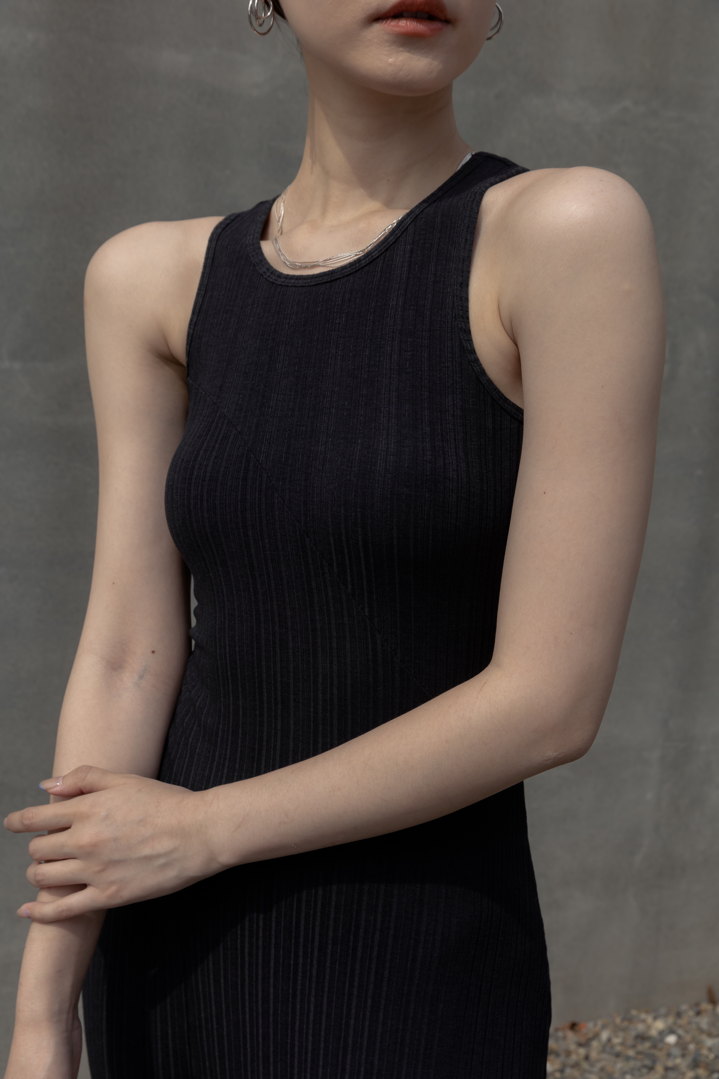 微削肩BRA TOP針織長洋- 黑