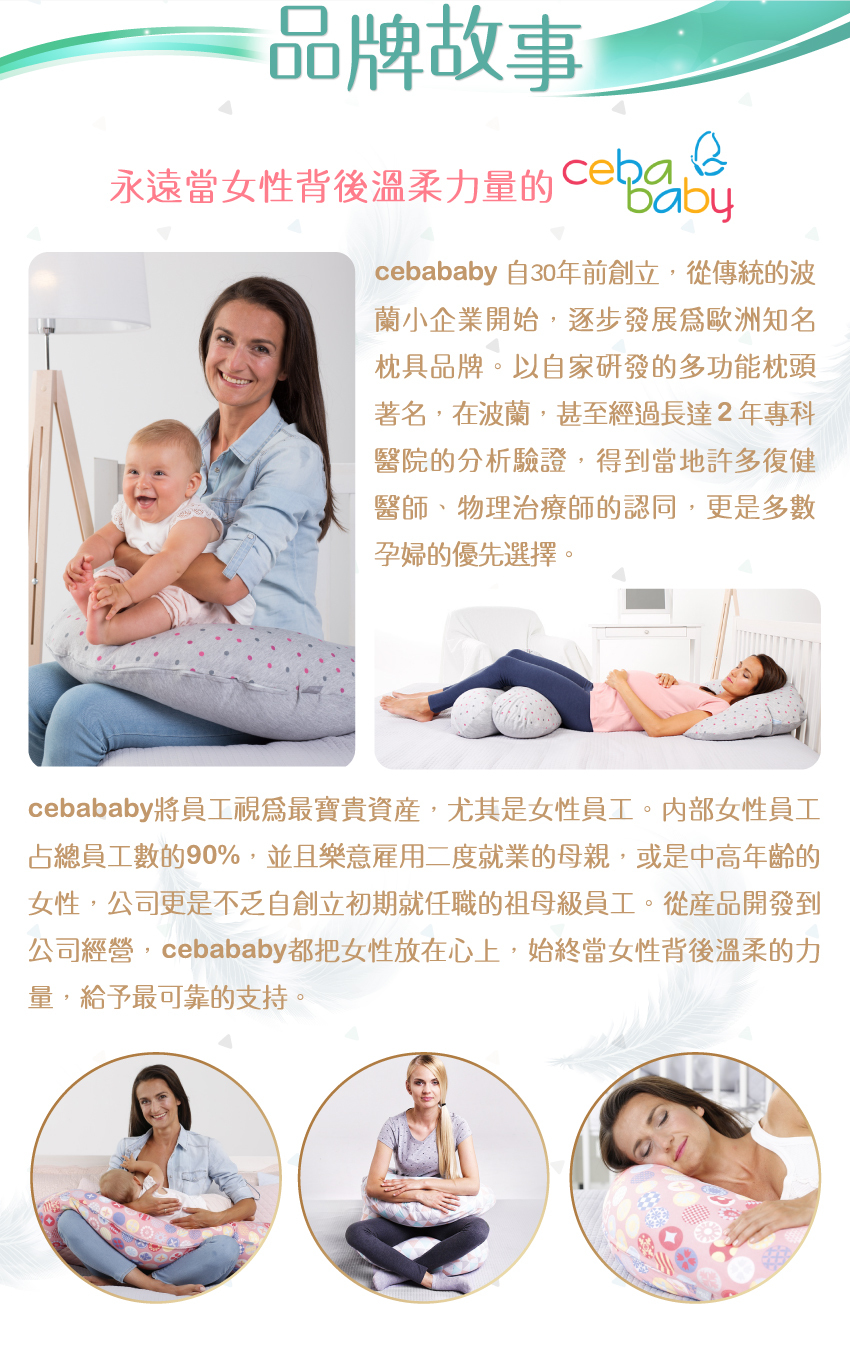 ceba baby從傳統的波蘭小企業開始，逐步發展為歐洲知名枕具品牌。以自家研發的多功能枕頭著名，在波蘭，甚至經過長達2年專科醫院的分析驗證，得到當地許多復健 醫師、物理治療師的認同。ceba baby將員工視為最寶貴資産，尤其是女性員工。且樂意雇用二度就業的母親，或是中高年齡的女性。從產品開發到公司經營，ceba baby始終當女性背後溫柔的力量，給予最可靠的支持。