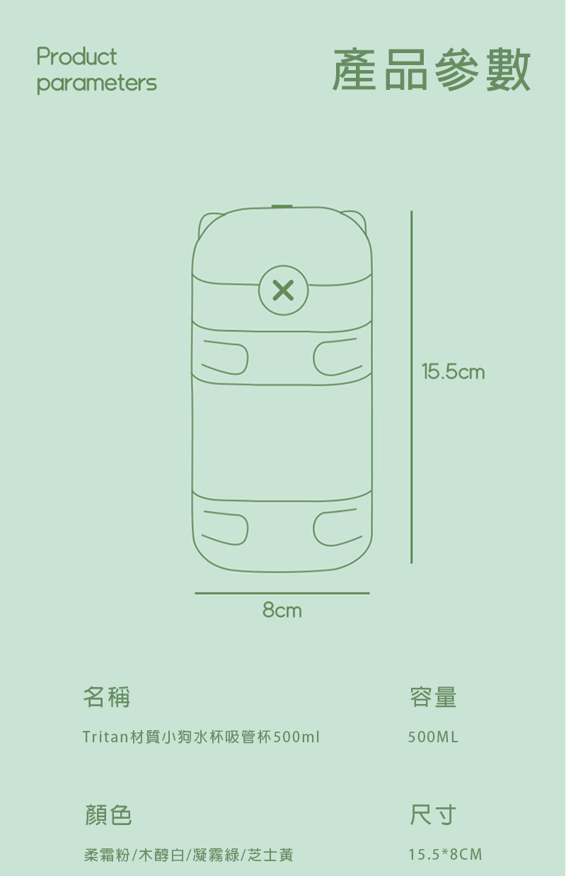 破盤價 Tritan材質小狗水杯吸管杯500ml 升級送UV彩印LOGO CBK604