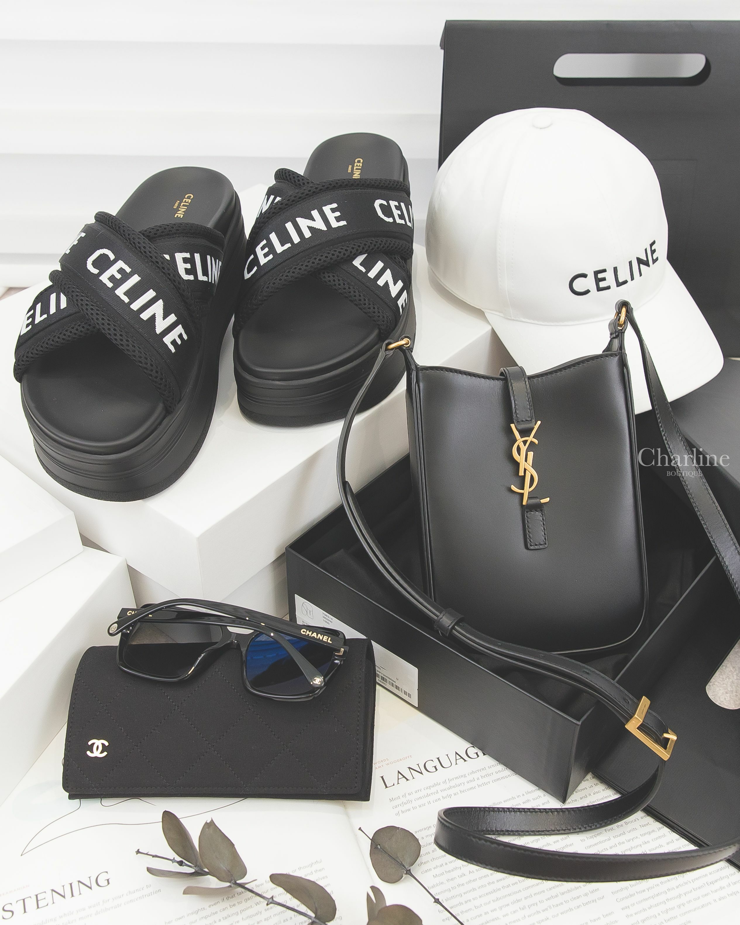 Chanel 黑色方框灰色鏡片側邊金字Chanel/CC太陽眼鏡,黑色白字交叉織帶厚底拖鞋,白色刺繡黑字棉質棒球帽,Saint Laurent黑色迷你金釦小牛皮肩背包-Charline Boutique 精品代購