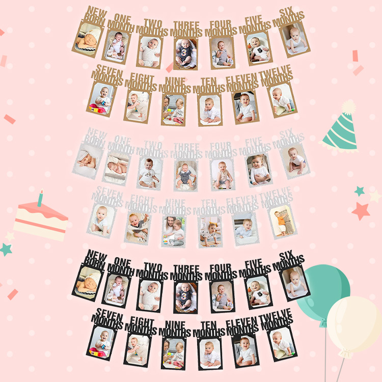 派對用品丨英文13個月照片相框拉旗