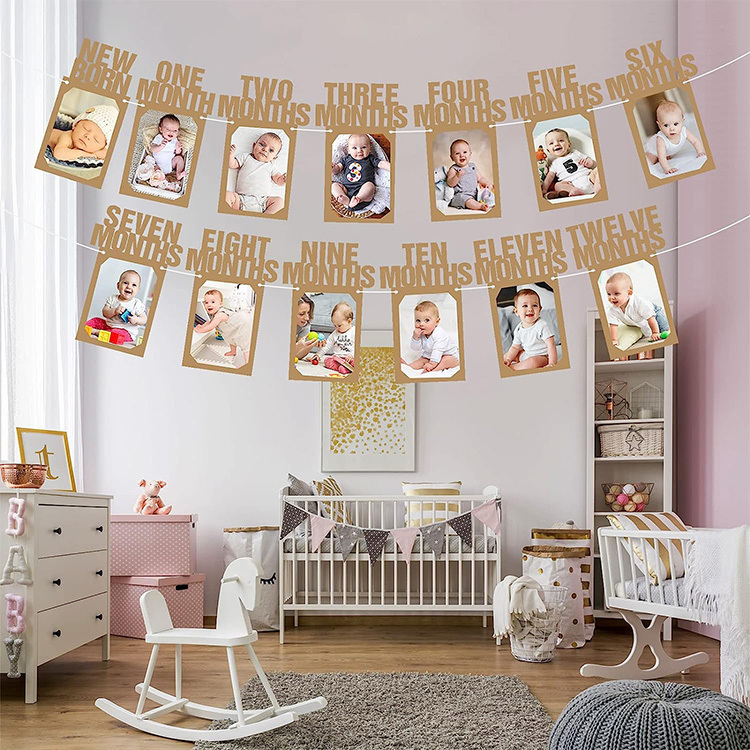 派對用品丨英文13個月照片相框拉旗