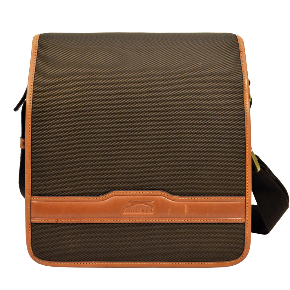 【Slazenger 史萊辛格】 雙層直式真皮肩背包/側背包/休閒包(咖)