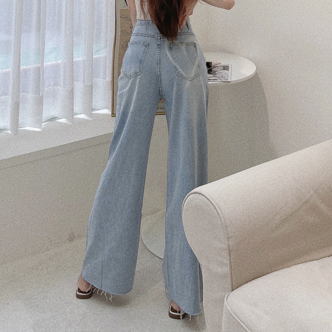 超顯瘦噴漆愛心牛仔闊腿褲/單一色