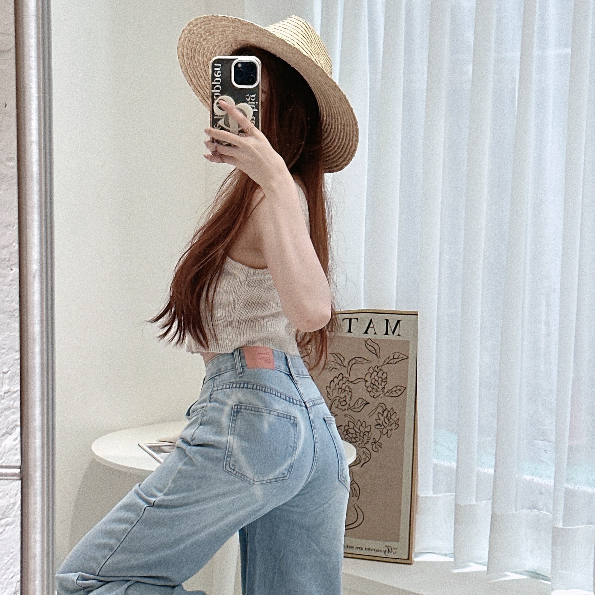 超顯瘦噴漆愛心牛仔闊腿褲/單一色