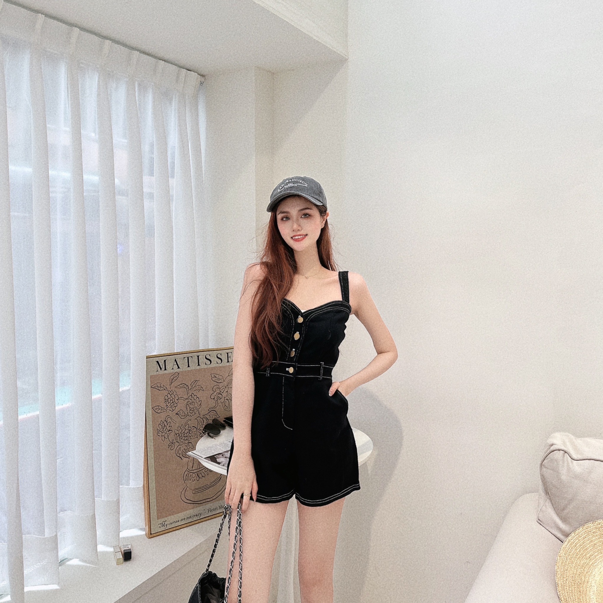 桃心排扣車線吊帶褲/二色