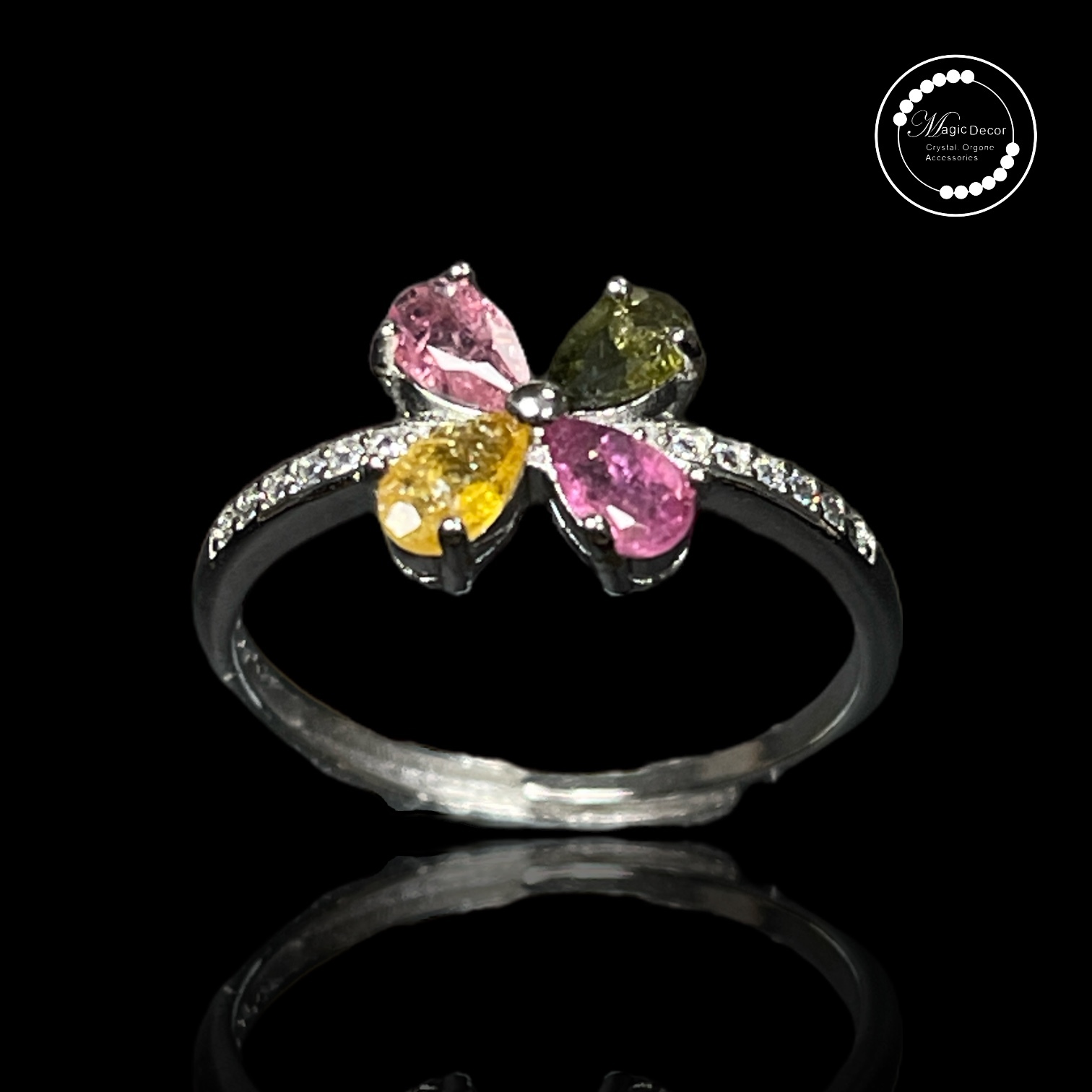 260411 - C12  銀色彩碧璽四葉草半銀開口戒指