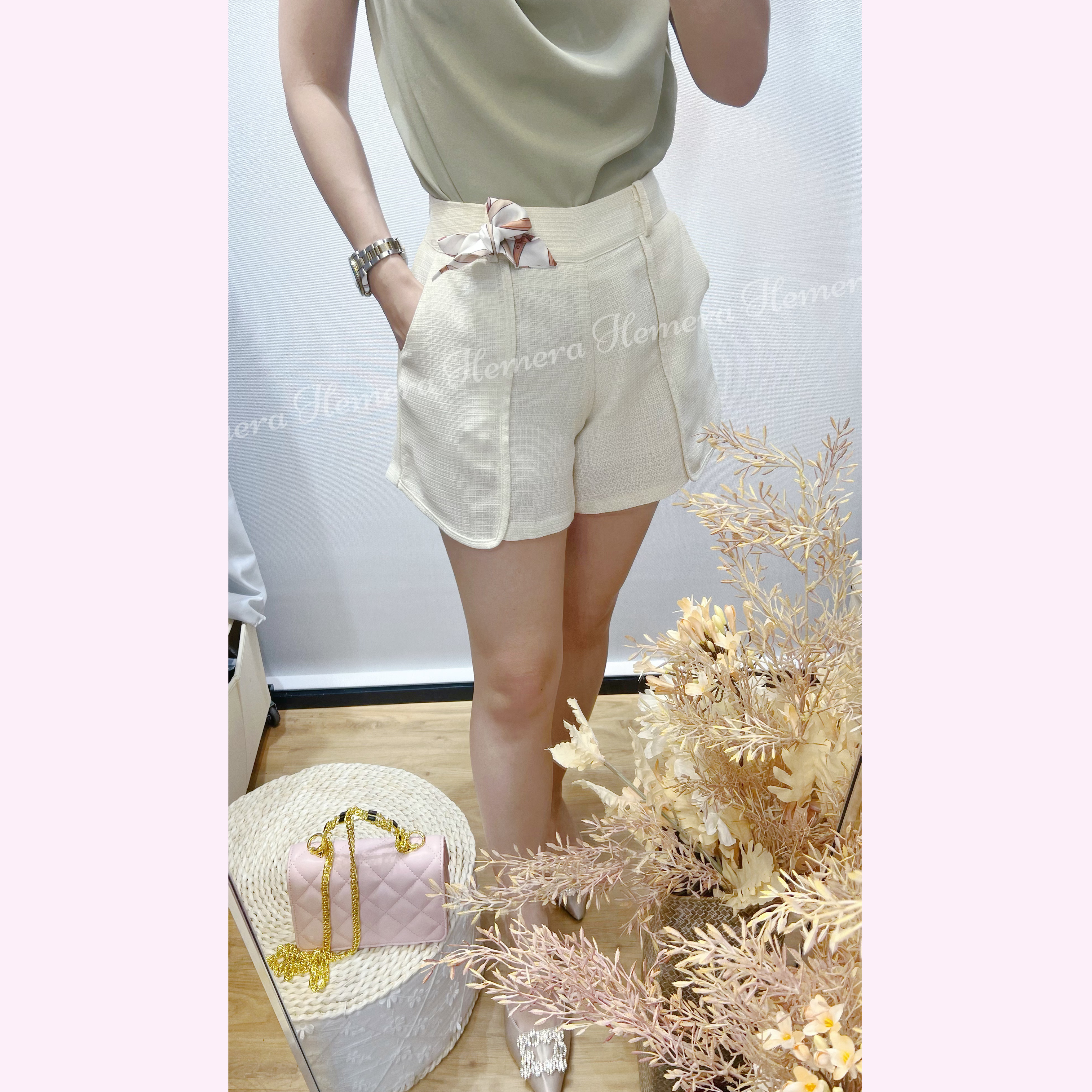 PT23W0626 H蝴蝶結暗格仔花紋短褲