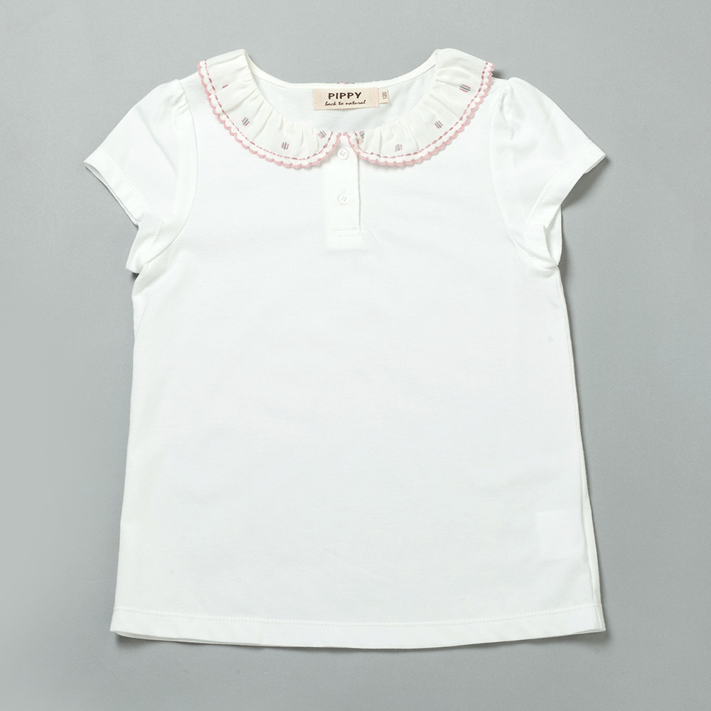 PIPPY精緻繡花抽皺領圍棉質素面上衣 米