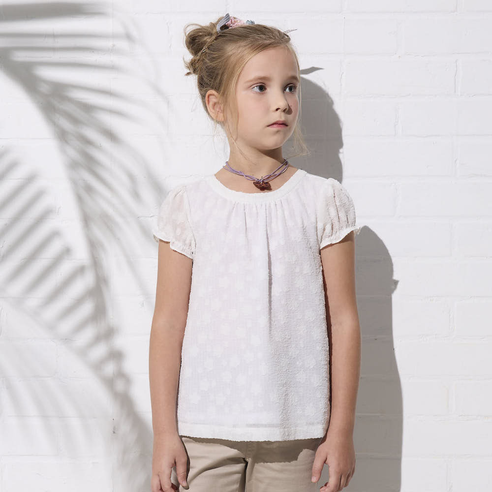 PIPPY飄逸抽皺純棉圓點公主袖上衣 米