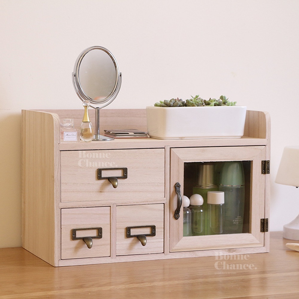 日系木頭透明單門三抽多格收納櫃