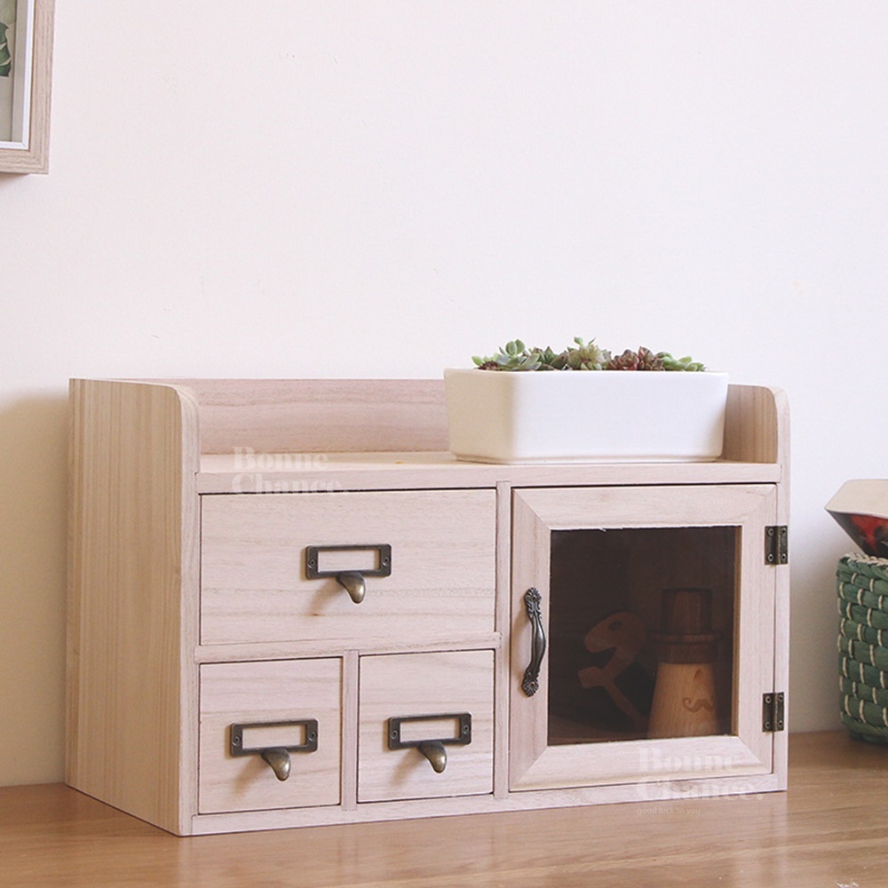 日系木頭透明單門三抽多格收納櫃