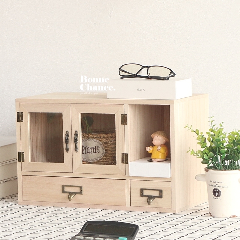 日系木頭透明雙門兩抽一格收納櫃