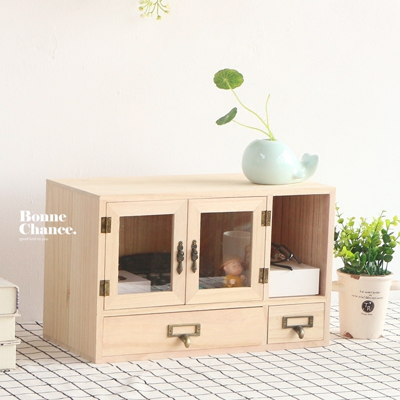 日系木頭透明雙門兩抽一格收納櫃