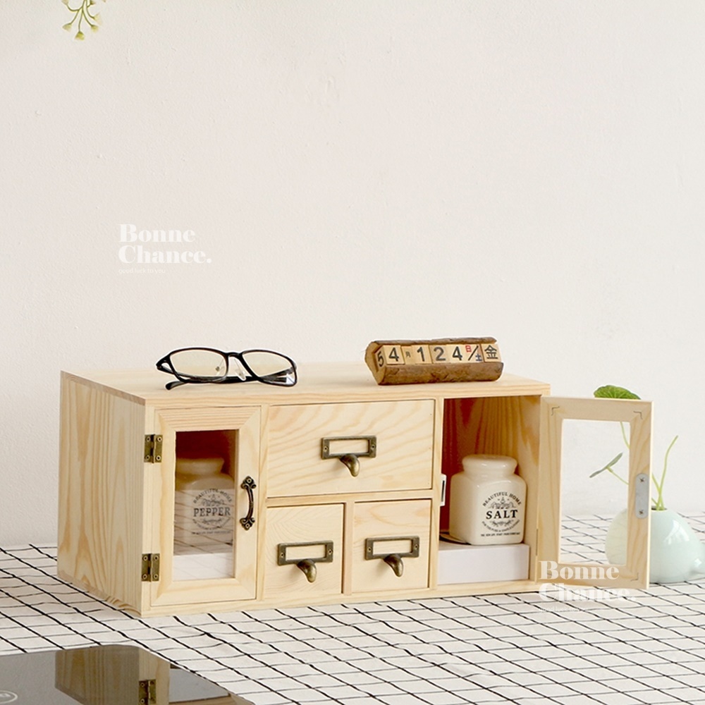日系木頭透明雙門三抽收納櫃