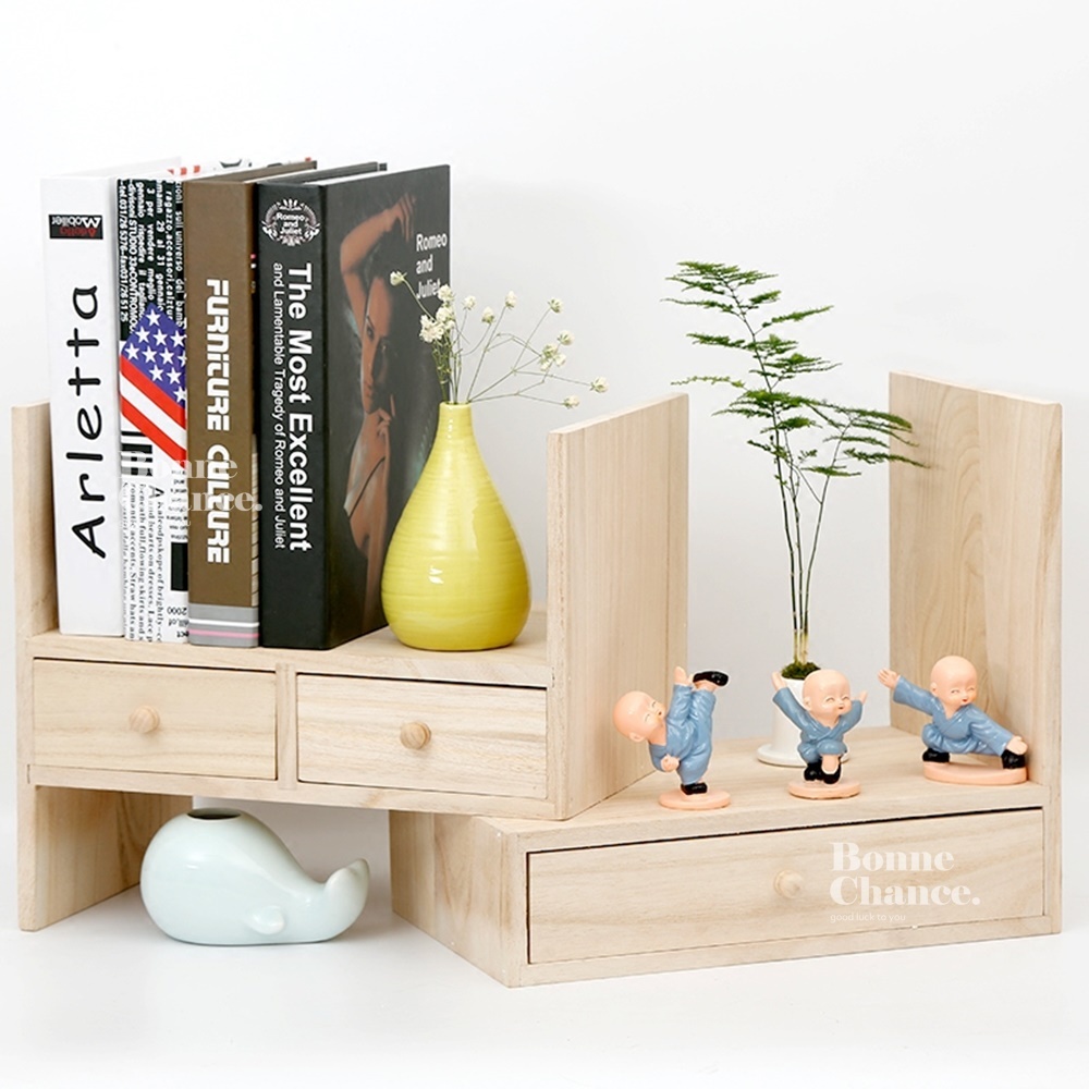 日系木頭雙層多格桌面收納櫃