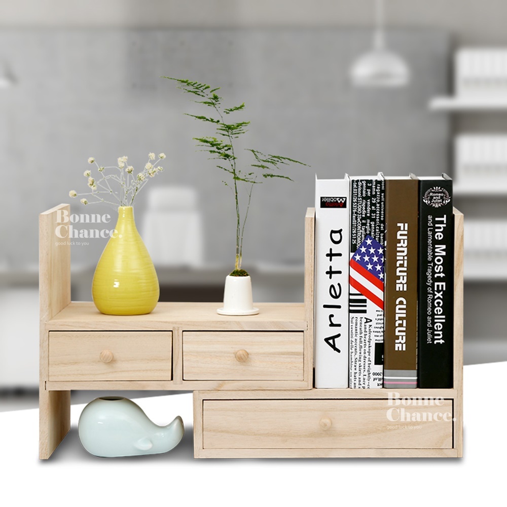 日系木頭雙層多格桌面收納櫃